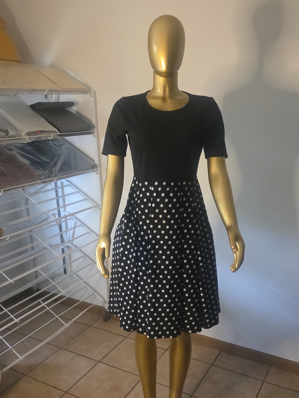 Classic Black Dress with White Polka Dot Skirt